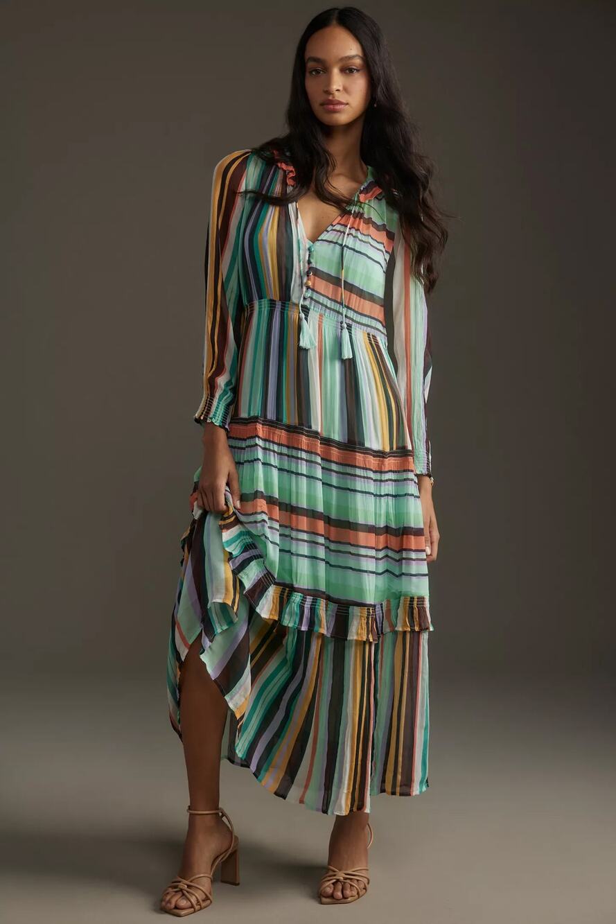 nwt ANTHROPOLOGIE sz S The Marais Chiffon Maxi Dress Canary Motif
